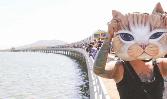 Cover A tabby cat named Meow took a ride on a floating train on the Pa Sak...