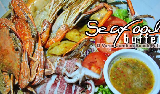 cover Seafood Buffet 650++ at D Varee Jomtien Beach, Pattaya
This translates to:
Seafood Buffet 650++ on Jomtien Beach, Pattaya at D Varee Jomtien Beach.
