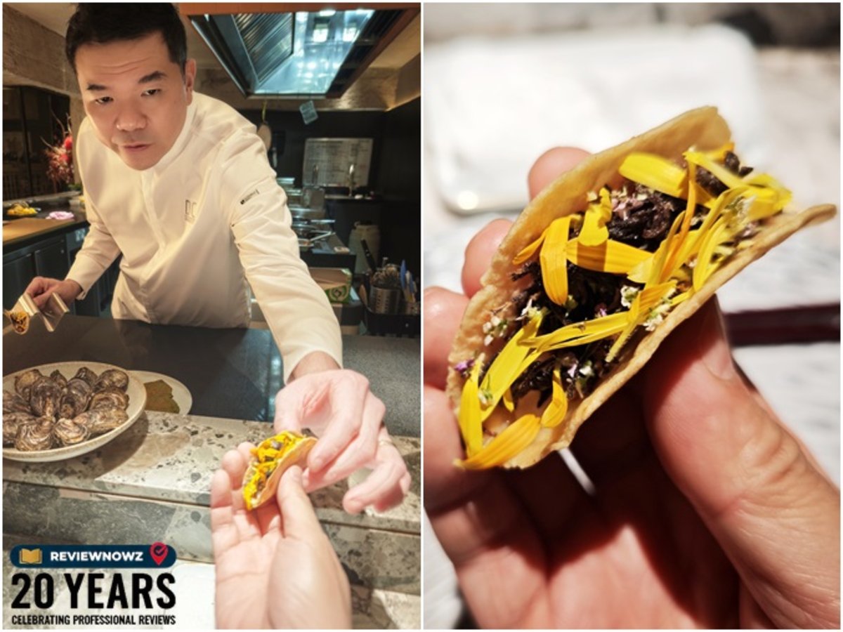 ตอร์ติญ่าสาเกไส้ปลาคาปาชิโอและซอส Garum Aioli