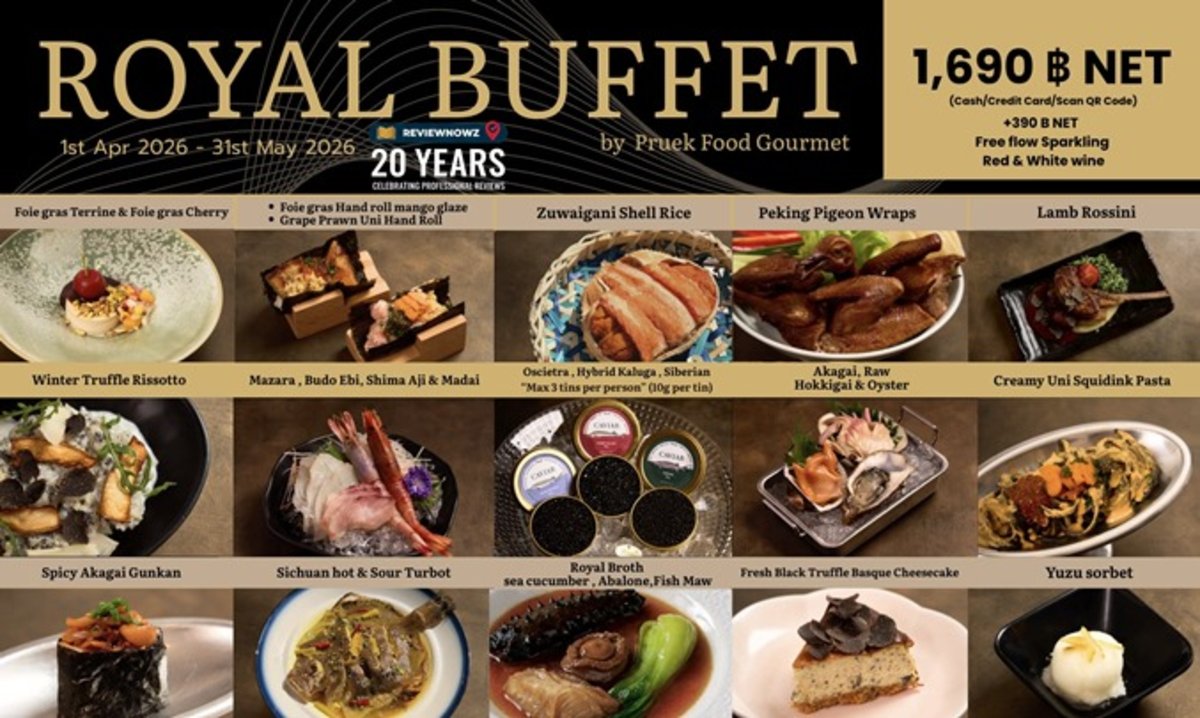 ตารางเมนู  Royal Buffet 15 จาน: แถวบนมีฟัวกราส์ ปูซูไว นกพิราบทอด แกะรอสซินี แถวกลางมีพาสต้าทรัฟเฟิล ซาชิมิ คาร์เวียร์ หอยนางรม แถวล่างมี เป๋าฮื้อ กระเพาปลาสด ปลิงทะเลน้ำแดง  ปลาเทอร์บอตเสฉวน ชีสเค้ก ไอศกรีมยูซุ