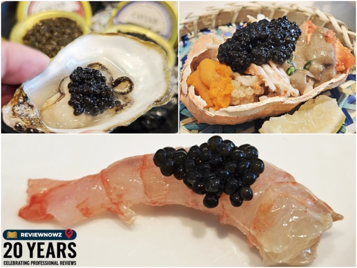 ไอเดียการทานคาร์เวียร์คู่กับวัตถุดิบพรีเมียม 3 แบบ: คาร์เวียร์ท็อปบนหอยนางรมสด, คาร์เวียร์บนกุ้งหวาน และคาร์เวียร์บนข้าวหน้าปูซูไวรวมกับอูนิ