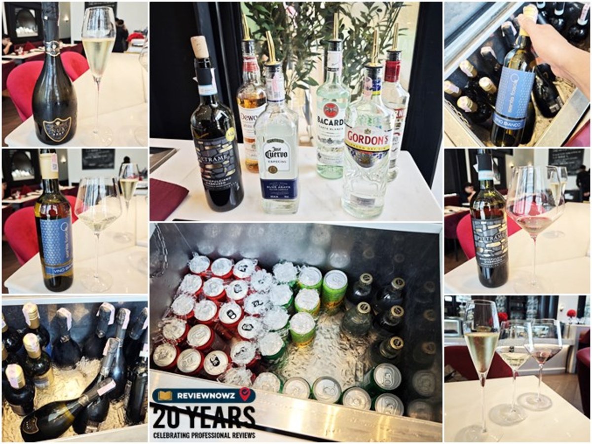 โปรโมชั่นเครื่องดื่มแอลกอฮอล์ Free Flow ที่ Pruek Food Gourmet แสดงสปาร์กลิ้งไวน์ ไวน์แดง ไวน์ขาว และบาร์เครื่องดื่มแอลกอฮอล์แบบบริการตนเอง