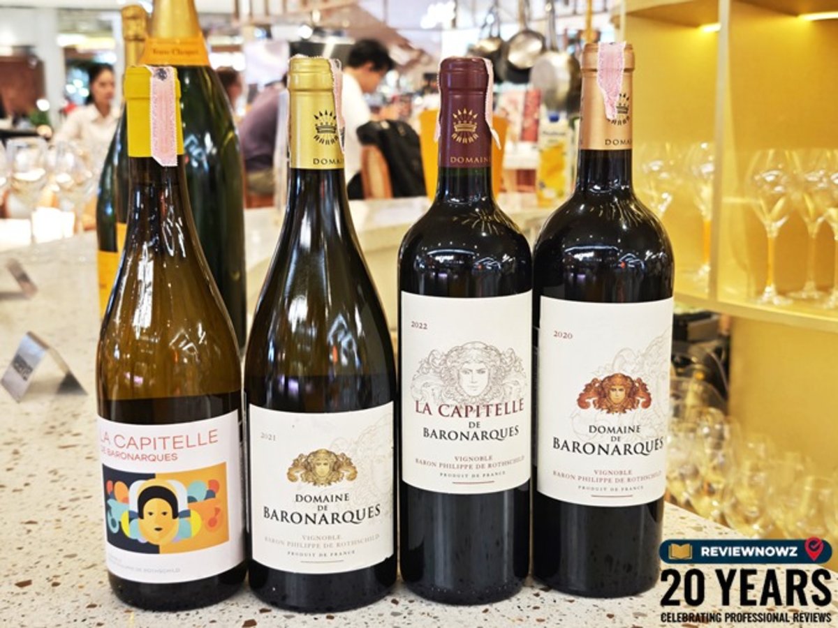 ไลน์อัปไวน์ฝรั่งเศส 4 ขวด La Capitelle และ Domaine de Baronarques Blanc Rouge ในงานไวน์เทสติ้ง Tops Central Park