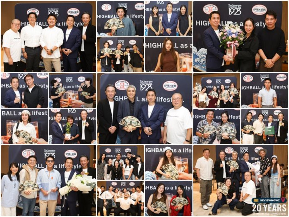 ภาพรวมบรรยากาศแขกผู้มีเกียรติและเซเลบริตี้ร่วมถ่ายภาพแสดงความยินดีในงาน Grand Opening ร้าน TOKYO HIGHBALL ROBATA TO KAMAMESHI ชั้น 1 โซน Groove centralwOrld บรรยากาศร้านอาหารญี่ปุ่นโมเดิร์นอิซากายะ