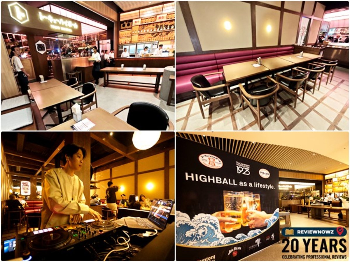 ภาพคอลลาจแสดงบรรยากาศการตกแต่งภายในร้านอาหารญี่ปุ่นและมุมดีเจในงาน Grand Opening ร้าน TOKYO HIGHBALL ROBATA TO KAMAMESHI โซน Groove centralwOrld สไตล์โมเดิร์นอิซากายะ