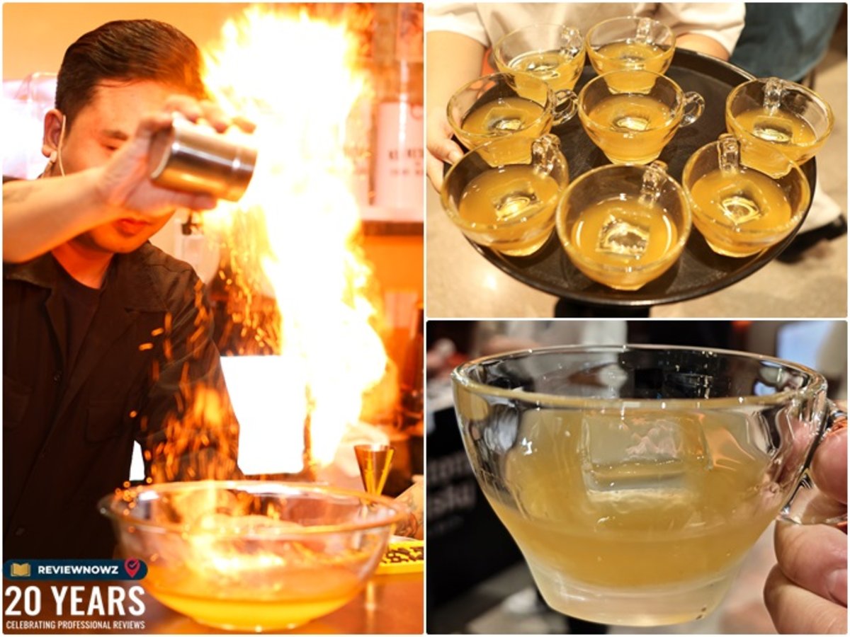 ภาพคอลลาจบาร์เทนเดอร์กำลังใช้เทคนิคจุดไฟปรุงเครื่องดื่มเมนูพิเศษ Special Drink เสิร์ฟในแก้วใสพร้อมน้ำแข็งก้อนใหญ่ในงาน Grand Opening ร้าน TOKYO HIGHBALL ROBATA TO KAMAMESHI โซน Groove centralwOrld