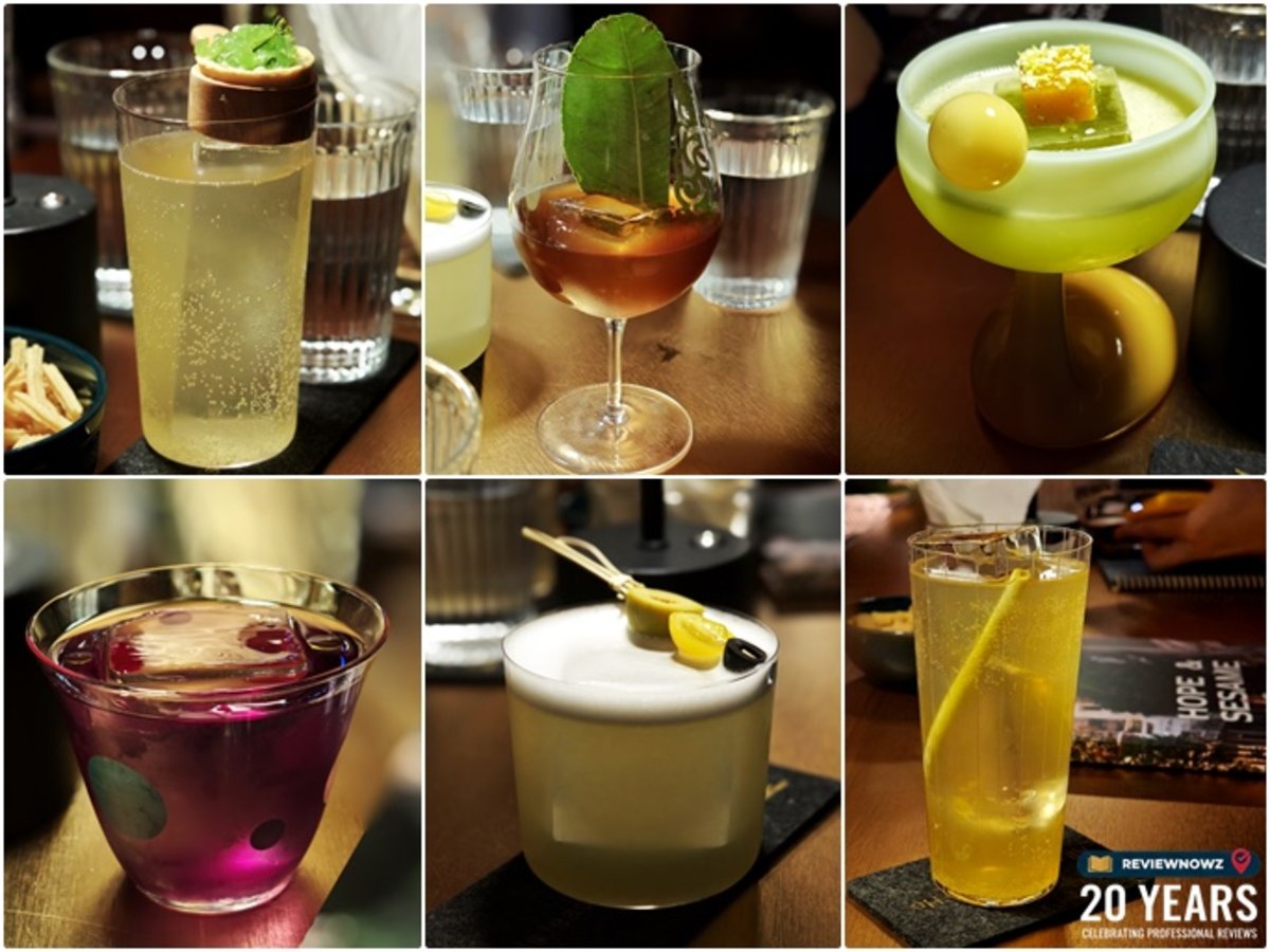 ภาพรวมค็อกเทล 6 เมนูไฮไลต์ Volume 16 Lee Kum Kee Collaboration ร้าน Hope & Sesame (庙前冰室) Guangzhou แสดงแก้วทรงต่างๆ สีสันสวยงามและวัตถุดิบตกแต่งหน้าแก้ว ReviewNowz