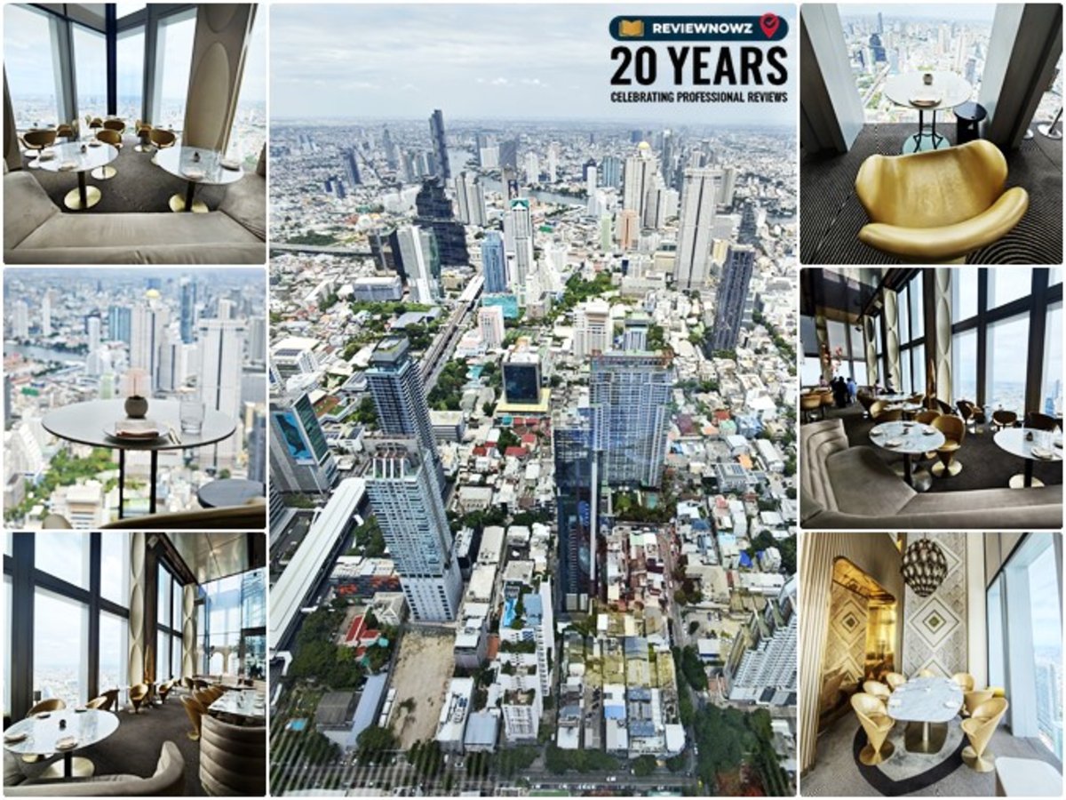 บรรยากาศมุมสูงจากชั้น 76 และการตกแต่งภายในสไตล์ Glamorous Retro-Futuristic โทนสีทองหรูหราพร้อมวิวเมืองกรุงเทพฯ แบบ 360 องศา ร้าน OJO Bangkok โรงแรม The Standard, Bangkok Mahanakhon ReviewNowz