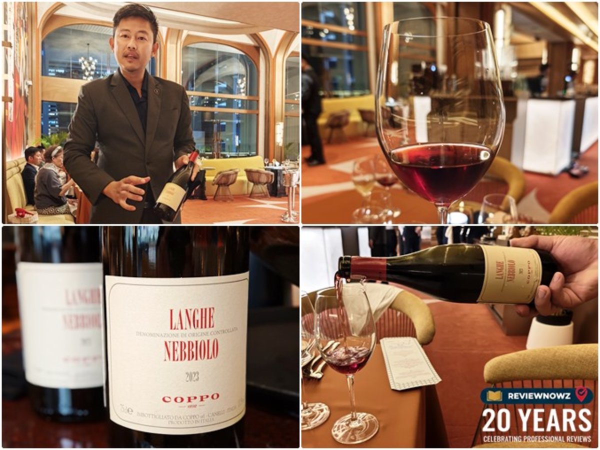 ซอมเมอลิเยร์กำลังแนะนำและรินไวน์แดง COPPO LANGHE NEBBIOLO 2023 ลงในแก้วไวน์แดง พร้อมฉลากไวน์ Coppo Langhe Nebbiolo ณ ห้องอาหาร Club Ruby โรงแรม AIDEN SURAWONG BANGKOK ReviewNowz