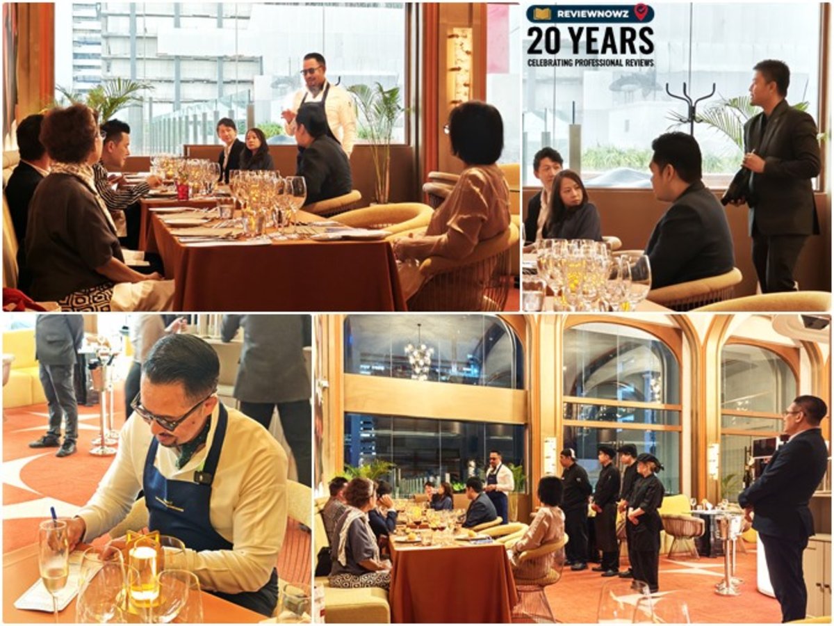 ภาพรวมบรรยากาศการแนะนำเมนูอาหารและไวน์โดยเชฟเคน เชฟใหญ่ และซอมเมอลิเยร์ พร้อมภาพเชฟเคนเซ็นชื่อบนแผ่นเมนูเป็นที่ระลึก ณ ห้องอาหาร Club Ruby โรงแรม AIDEN SURAWONG BANGKOK ReviewNowz