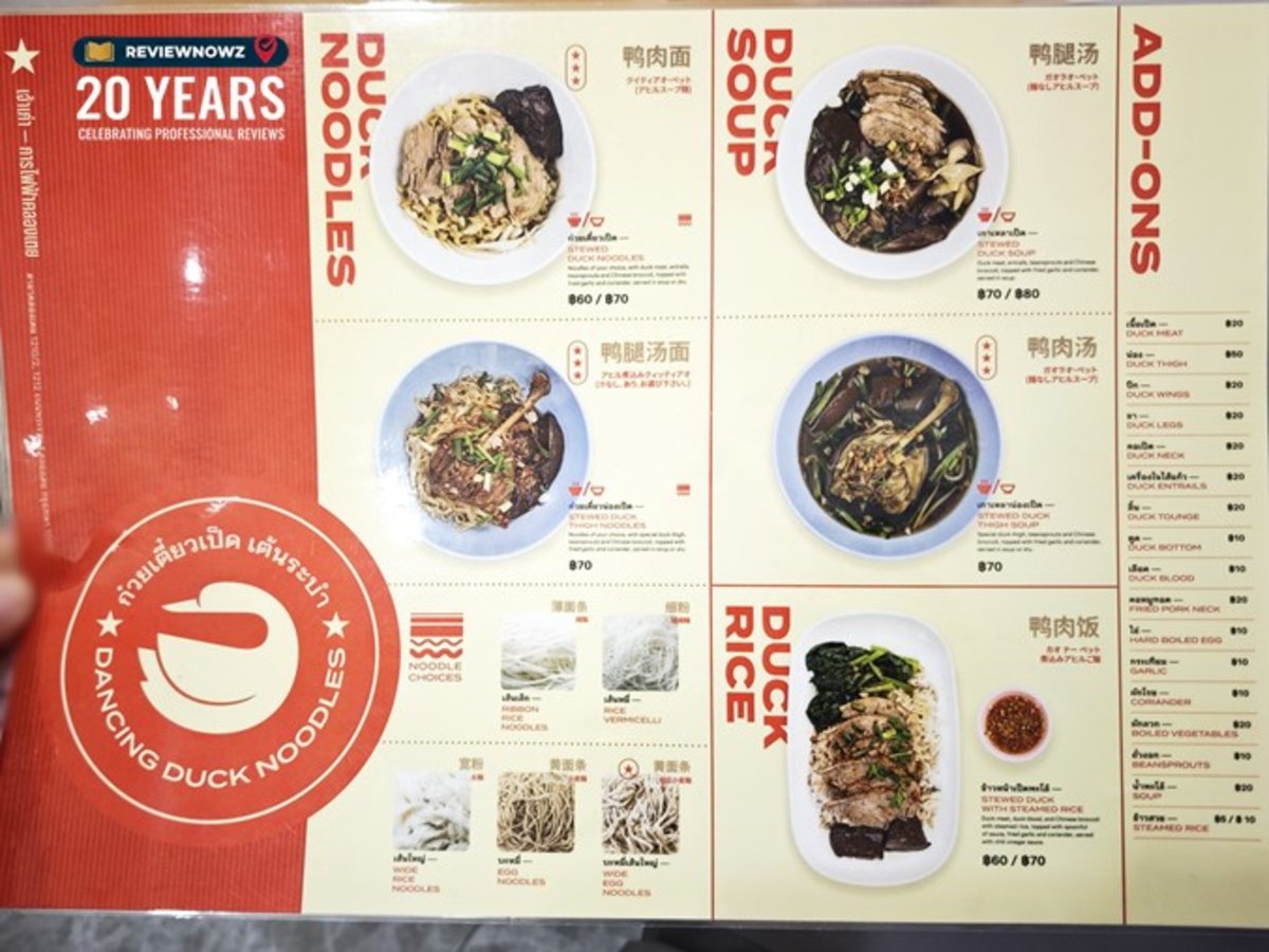 ภาพแผ่นเมนูอาหารหน้าแรกของร้าน ก๋วยเตี๋ยวเป็ดเต้นระบำ แสดงรายการเมนู Duck Noodles และหมวด Add-ons ReviewNowz