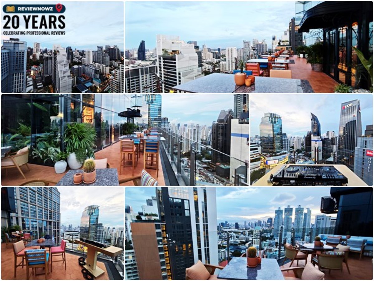 บรรยากาศโซน LUNA Outdoor Terrace วิวพาโนรามามุมสูงย่านสุขุมวิท พร้อมโซฟาคาบาน่าและสเตชันดีเจ Madura Rooftop Bangkok SKYVIEW Hotel Bangkok ReviewNowz