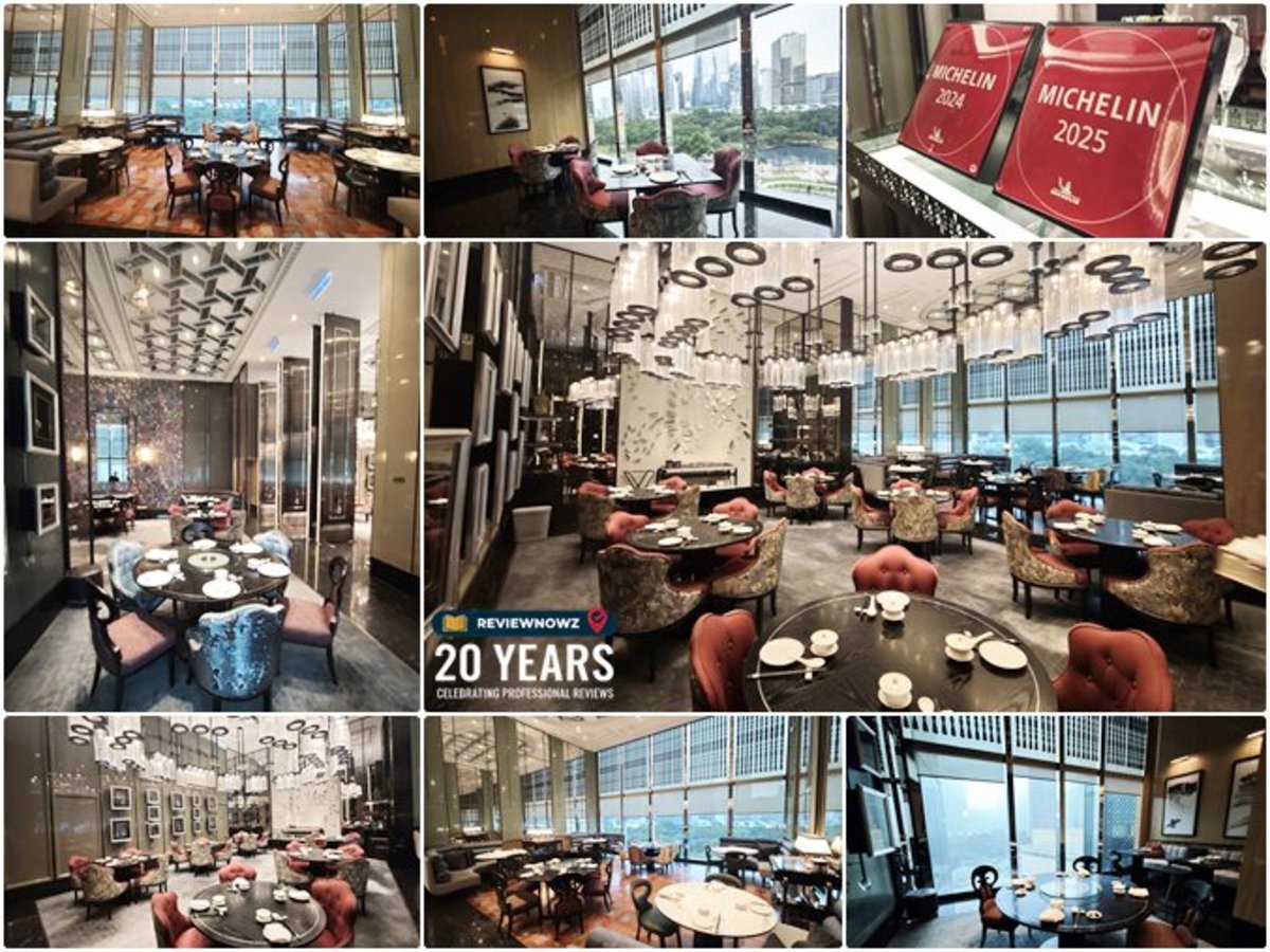 บรรยากาศความหรูหราของห้องอาหารจีนกวางตุ้งร่วมสมัย Yun House โรงแรม Four Seasons Hotel Kuala Lumpur ตกแต่งด้วยเพดานสูงโปร่ง หน้าต่างกระจกบานใหญ่รับแสงธรรมชาติพร้อมวิวสวน KLCC Park และป้ายรางวัล MICHELIN Selected ReviewNowz