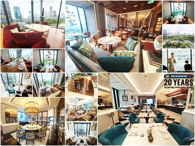 บรรยากาศห้องอาหารและโซนที่นั่ง, Mother's Day Brunch, Lily's The Ritz-Carlton Bangkok, ภาพรวมการตกแต่งภายในที่หรูหราประกอบด้วยพื้นที่ Social Sofas โต๊ะอาหารหลากหลายมุม หน้าต่างกระจกบานใหญ่มองเห็นวิวสวนลุมพินี โซนครัวเปิด Live Kitchen และป้ายชื่อร้าน, ReviewNowz