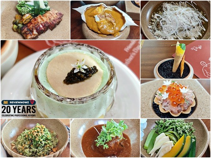 รูปคอลลาจรวมเมนูอาหารพิเศษคอนเซปต์ Friends of Lily's ในมื้อ Mother's Day Brunch จากเชฟรับเชิญ ประกอบด้วย Smoked Kingfish Tartare, 16-Hour Northeastern Duck Confit, Andaman Citrus Scallop, 8 Hours Smoked Pork Belly, Blue Crab Curry, Albondiga, Tetela de Pato และของหวานไทยโบราณ ห้องอาหาร Lily's Bangkok - ReviewNowz
