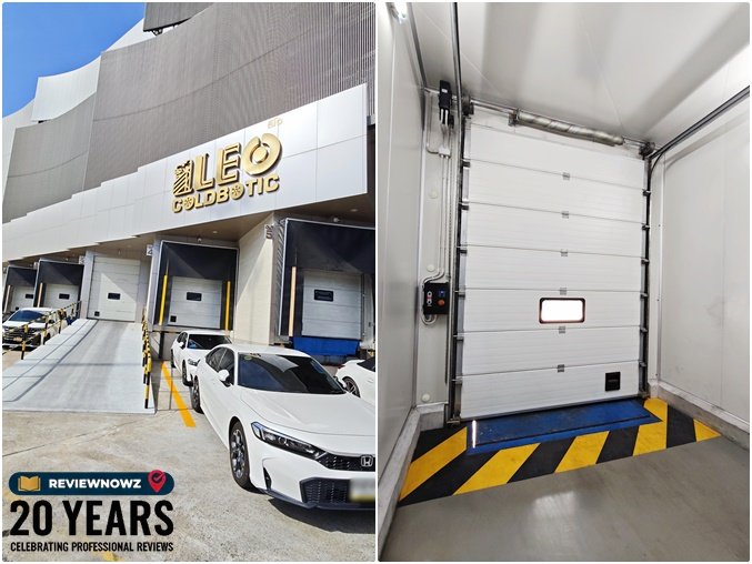 ภาพเปรียบเทียบภายนอกอาคารคลังสินค้า LEO COLDBOTIC ที่มีรถยนต์จอดหน้าจุดรับสินค้า และภาพประตูชานชาลาโหลดสินค้าแบบสองชั้นเพื่อรักษาอุณหภูมิภายในคลังไวน์ ReviewNowz