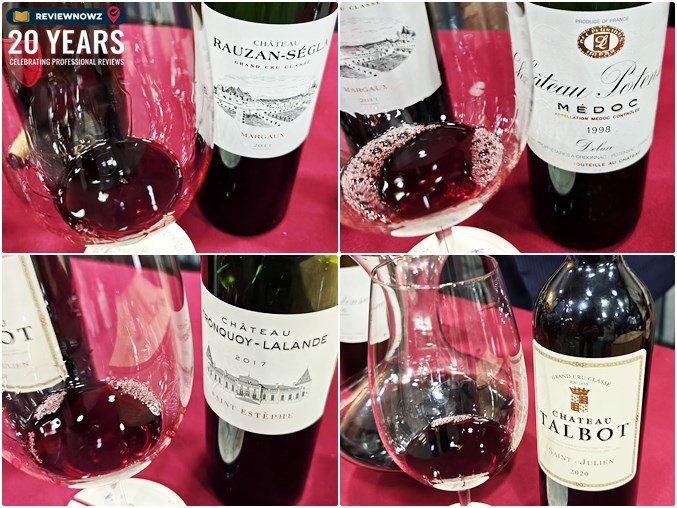 ภาพการรินไวน์แดงกลุ่ม Bordeaux Left Bank ลงในแก้วไวน์ทรงใหญ่ พร้อมขวด Chateau Rauzan Segla, Chateau Potensac, Chateau Tronquoy Lalande และ Chateau Talbot ในงานชิมไวน์ของ ITALASIA ReviewNowz