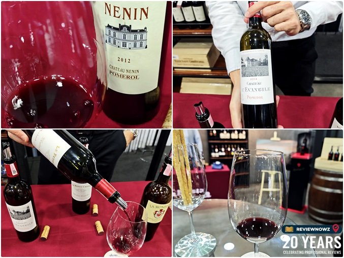 ภาพการรินไวน์และขวดไวน์กลุ่ม Bordeaux Right Bank ได้แก่ Chateau Nenin และ Chateau L'evangile พร้อมแก้วไวน์ทรงใหญ่ในงานชิมไวน์ของ ITALASIA ReviewNowz